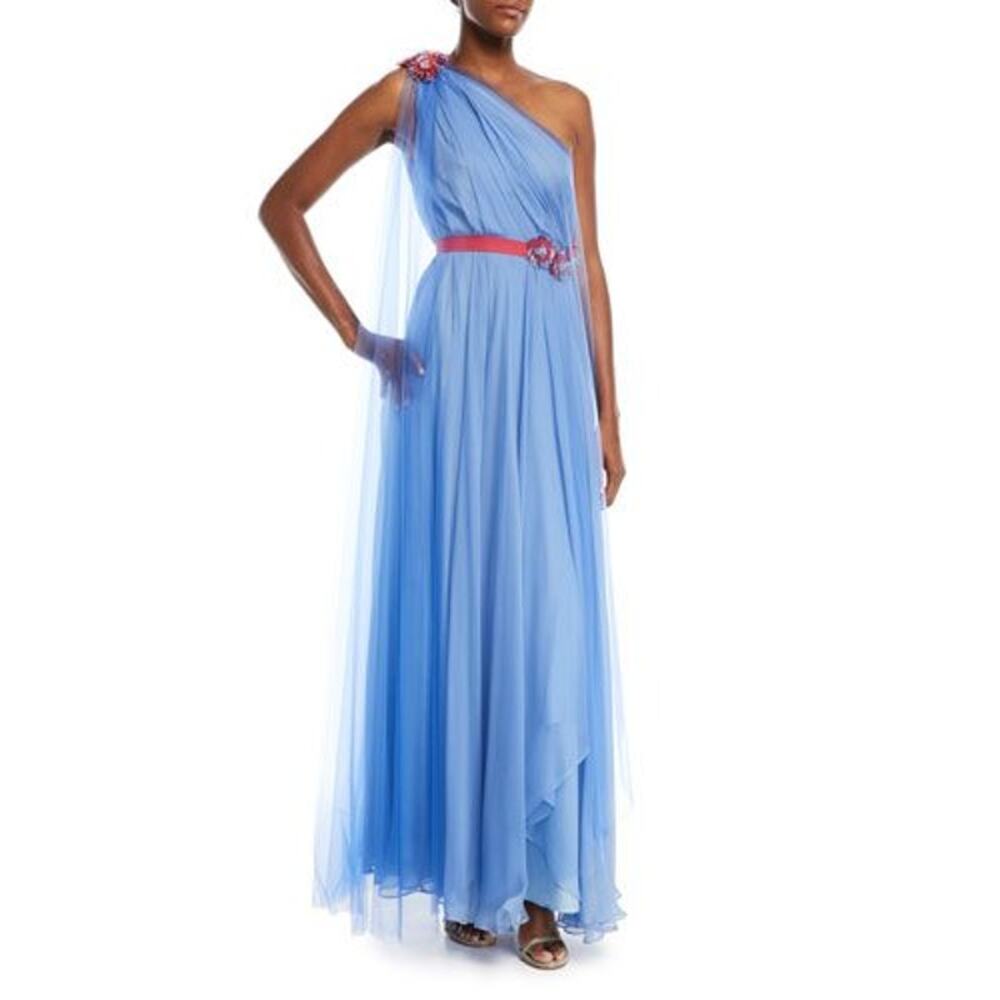 Talbot Runhof Grecian Blue One Shoulder Draped Gown Floral Embellishments Sz 12